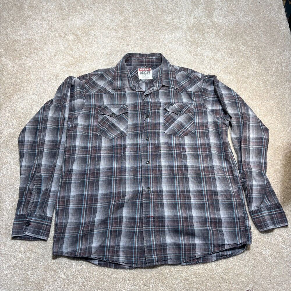 Wrangler Flannel Pearl Snap Long Sleeve Western Style Plaid Shirt L